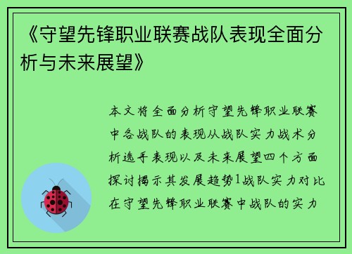 《守望先锋职业联赛战队表现全面分析与未来展望》